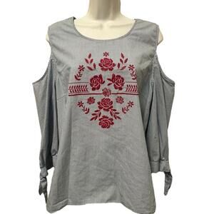 LEE Women’s Embroidered Red Roses Cold Shoulder Blouse, Size XL